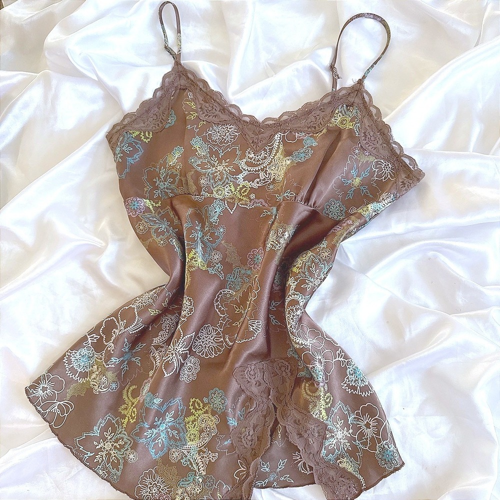 Self Esteem Brown Floral Satin Lace Trim Cami Top Y2K Large